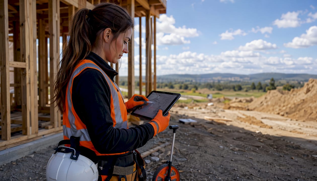 Field technician marking up as-built drawings on tablet