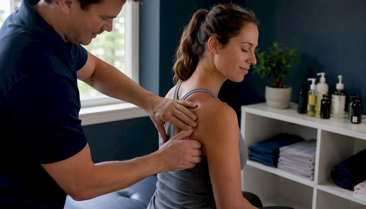 Therapist performing muscle release on athlete's shoulder