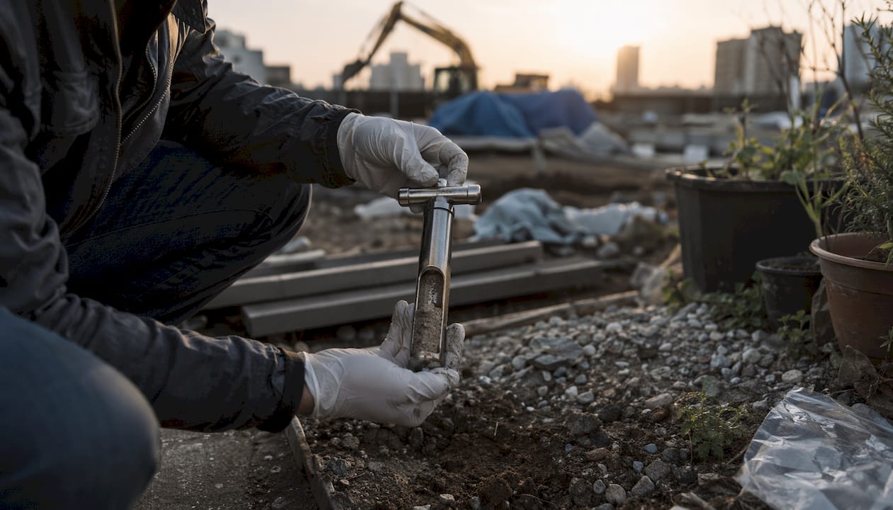 Close-up soil sampling for chemical contamination