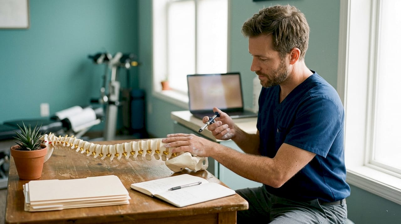 Close-up chiropractor hands choosing adjustment technique