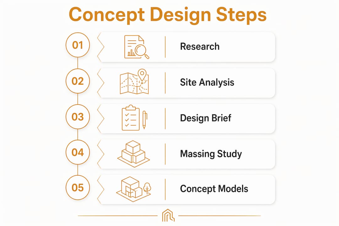 Infographic outlining concept design process stages