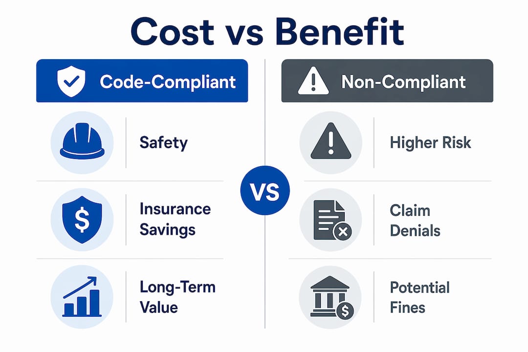 Why Building Code Compliance Matters for Developers Infographic comparing costs and benefits of code compliance