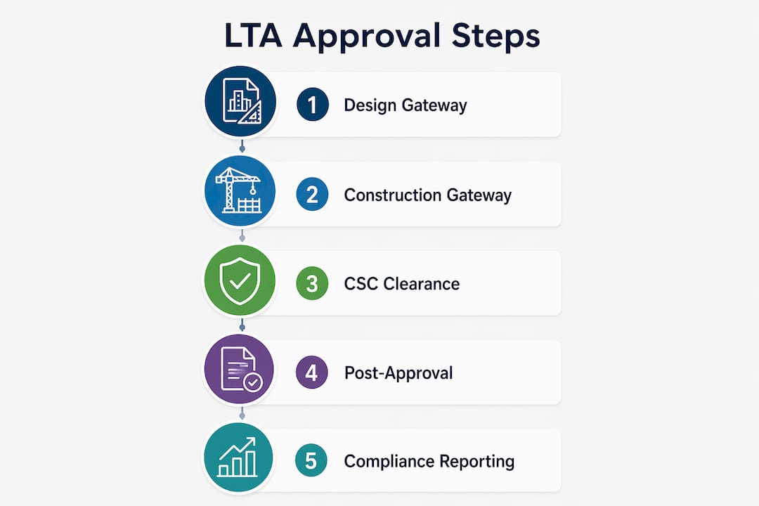 Key Steps for LTA Approval in Singapore: 2026 Guide Infographic showing key LTA approval steps in a flow