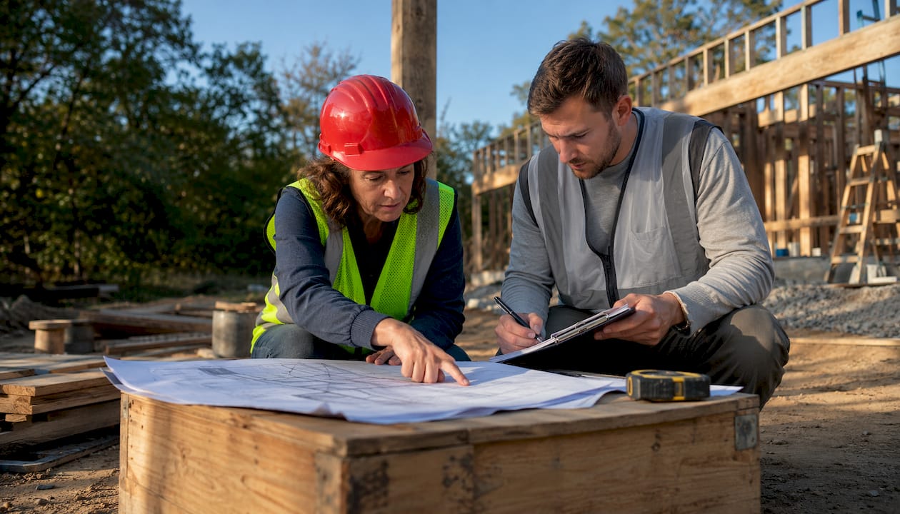 Frontline workers discussing safety gap checklist outdoors