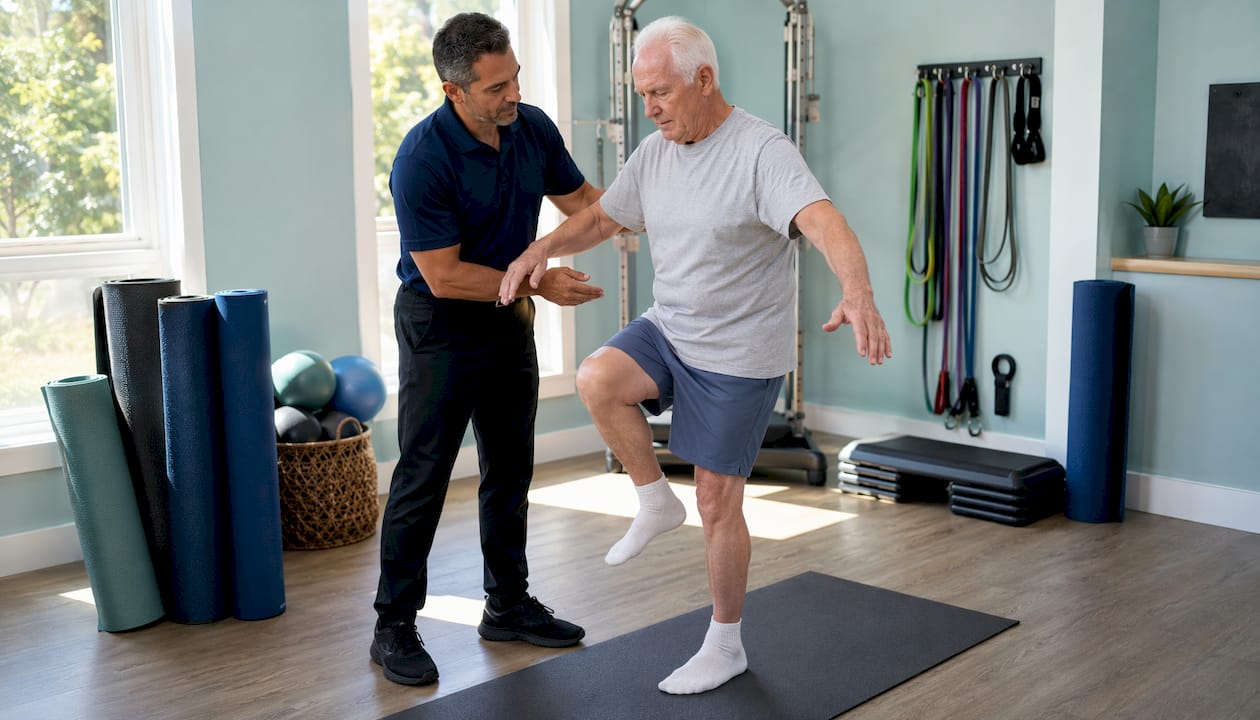 Chiropractor assisting senior with balance exercise