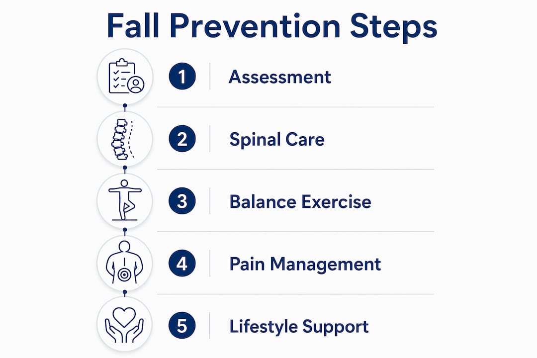 Infographic showing fall prevention steps in chiropractic care