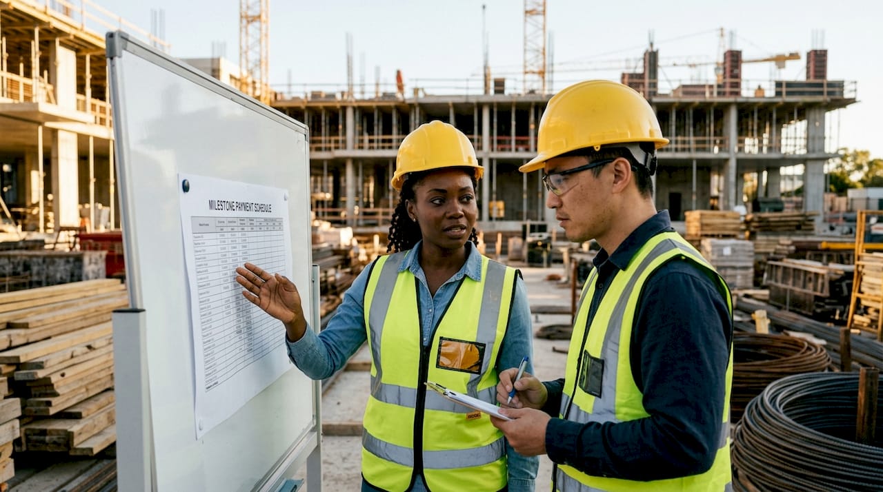 Construction team discussing milestone payments