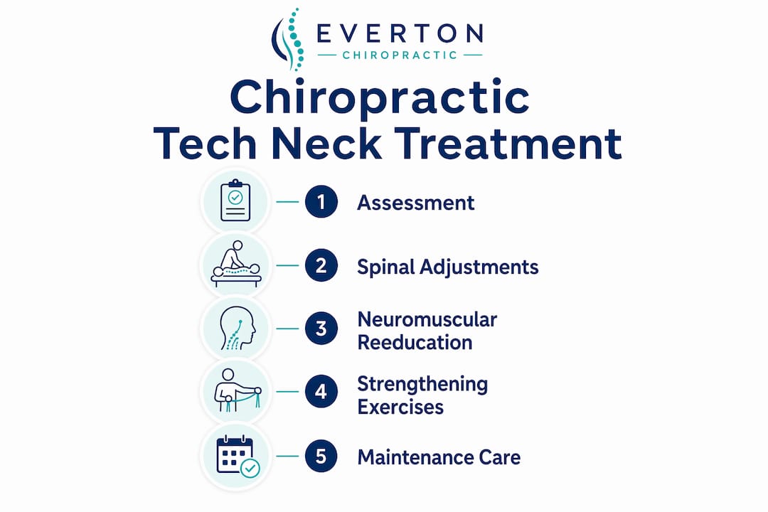 Infographic showing steps of chiropractic treatment for tech neck