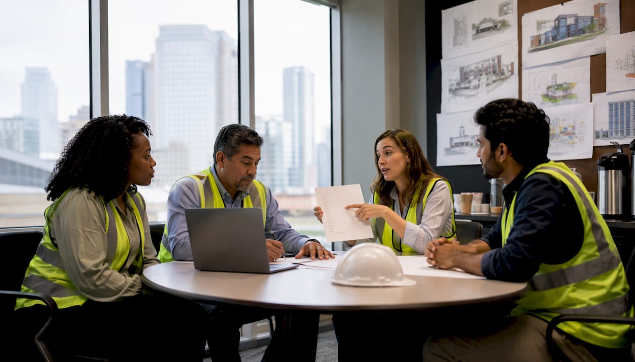 How to Ensure Regulatory Compliance in Construction Project team discussing compliance roles indoors