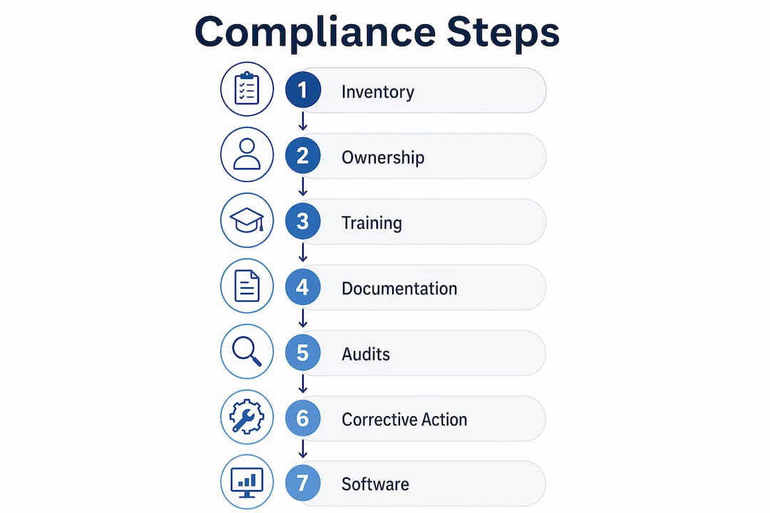 How to Ensure Regulatory Compliance in Construction Infographic showing best practice steps for construction compliance
