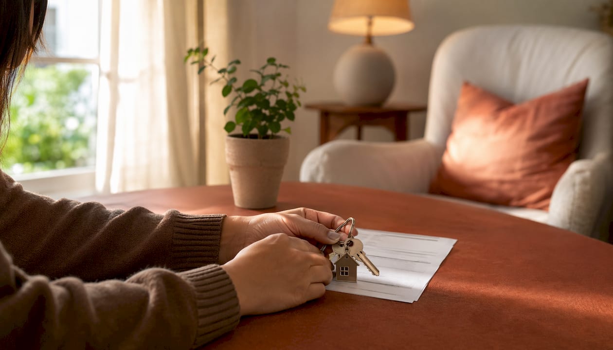Hands holding house keys and mortgage statement