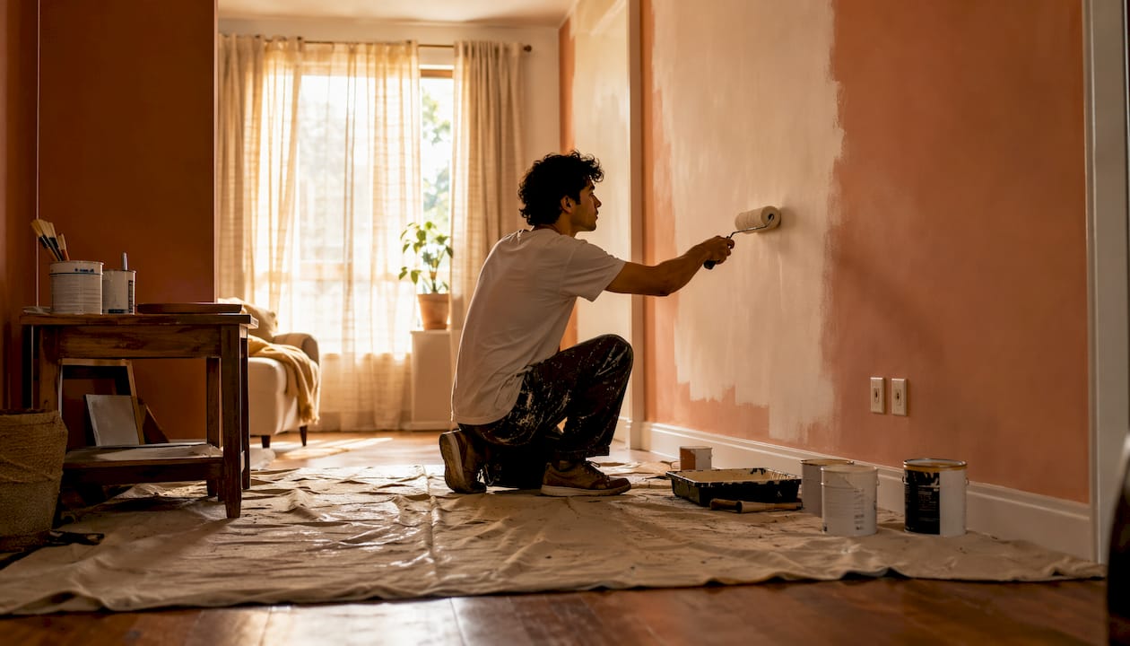 Man painting living room wall