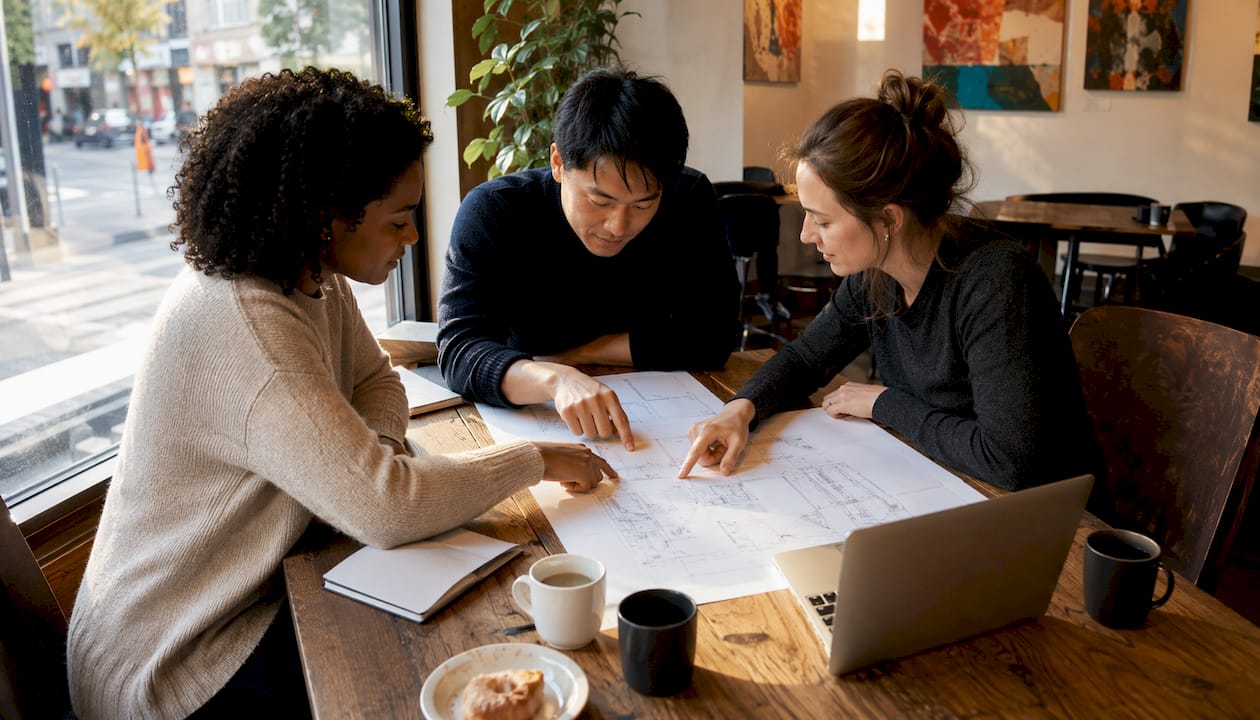 Engineers discussing blueprints around table