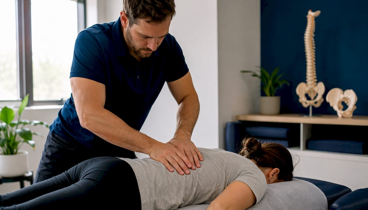 Chiropractor performing manual therapy on patient’s upper back