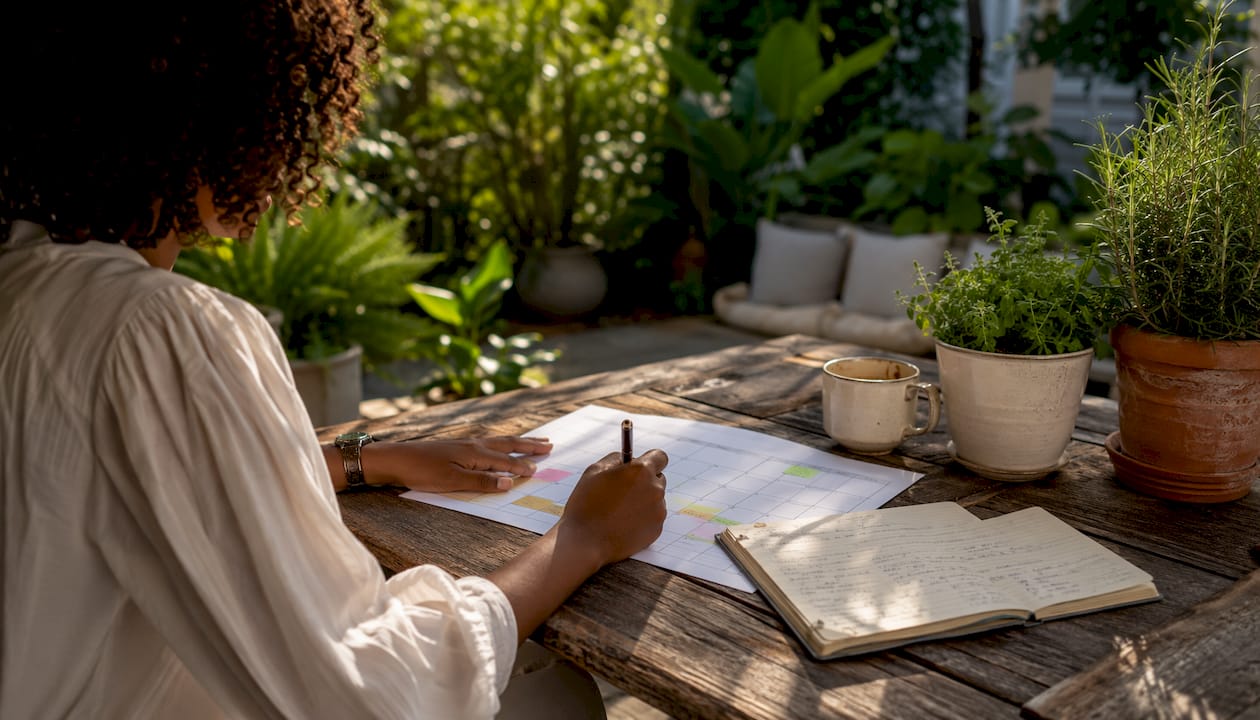 Hands planning seasonal maintenance calendar