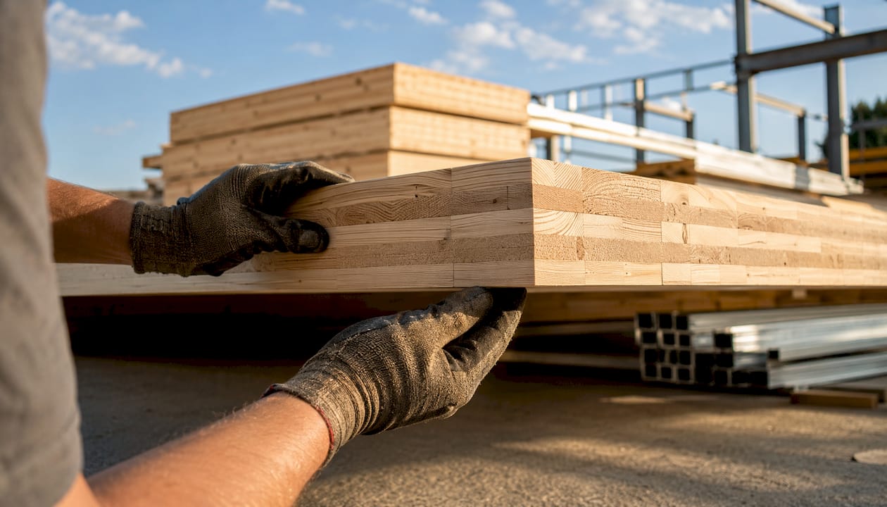 Hands examining cross-laminated timber sample