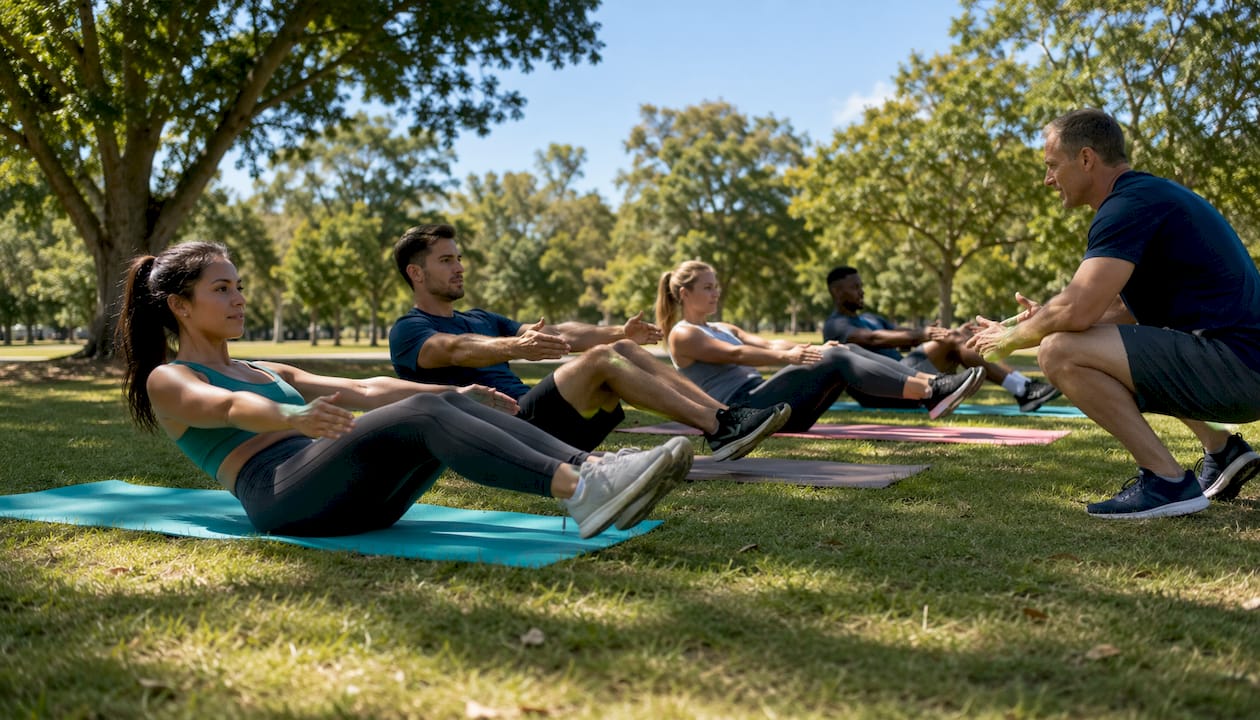 Coach instructing athletes on spinal injury prevention exercises