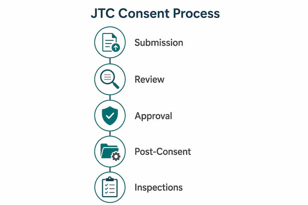 JTC Development Control: What Developers Need to Know Infographic showing JTC consent approval stages