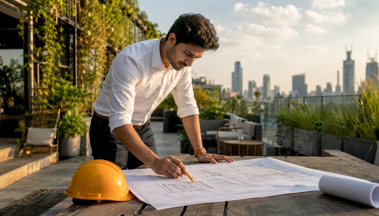 Engineer reviewing blueprints in industrial office