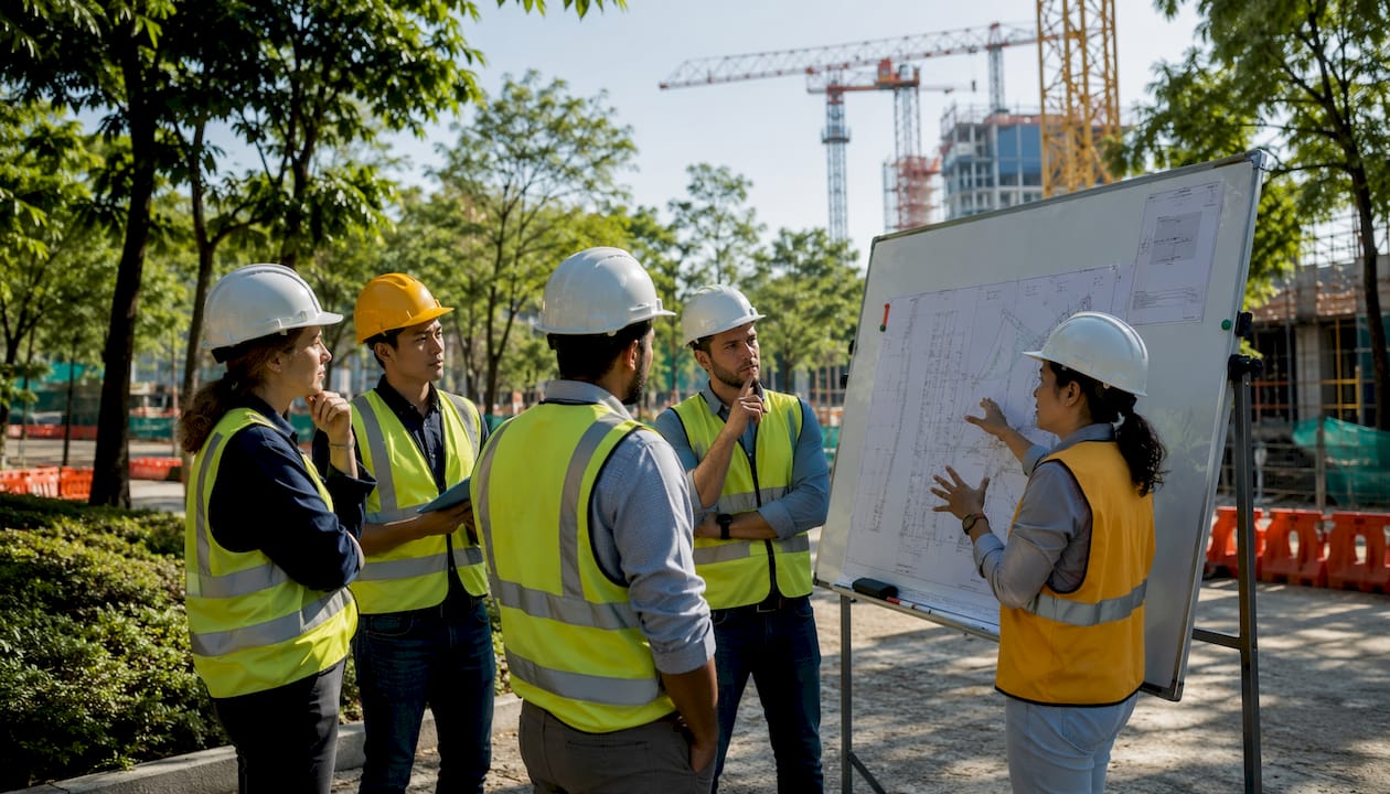 Construction team discussing on site with plans