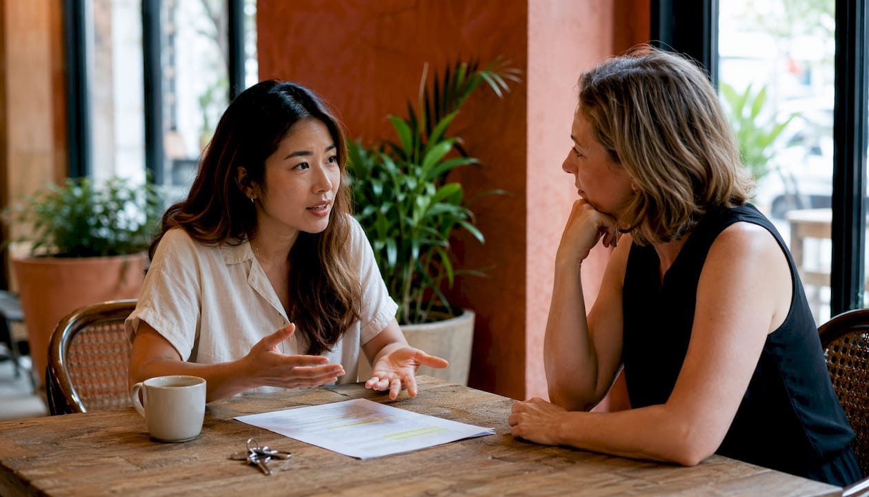 Tenant and landlord discussing tenancy terms at office
