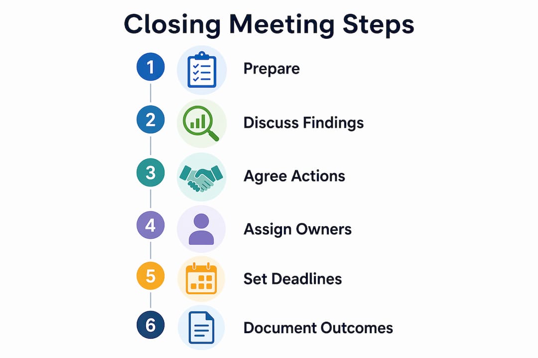Infographic illustrating steps of safety audit closing meeting procedure