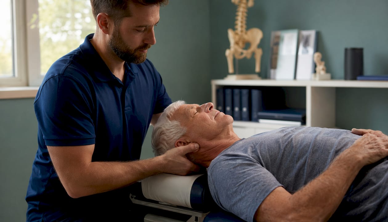 Chiropractor performing cervical mobilization on elderly man