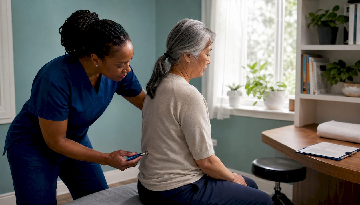 Chiropractor using Activator tool on elderly patient