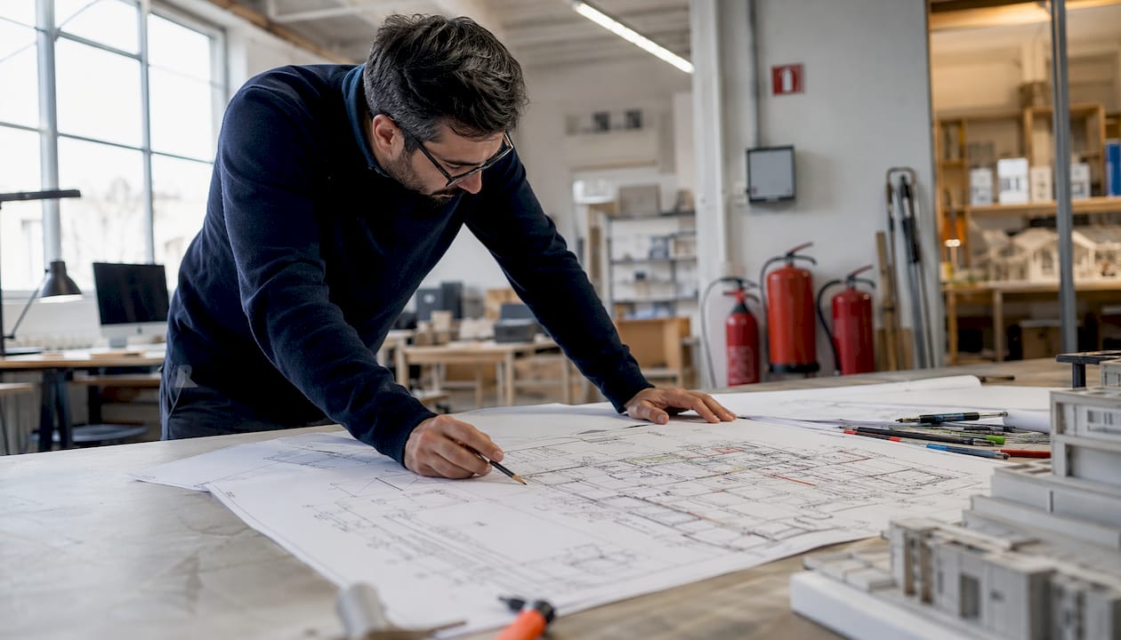 Fire safety consultant reviewing engineering plans