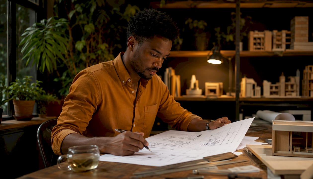 Architect examining design plans in studio