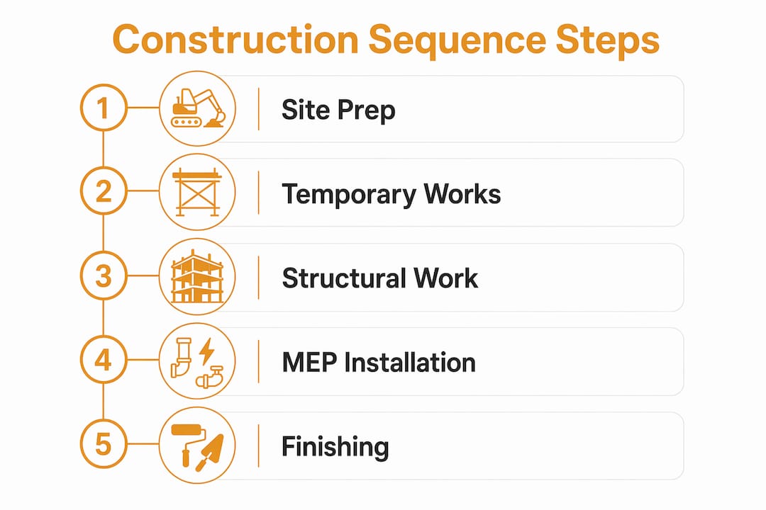 Infographic showing construction sequence planning steps