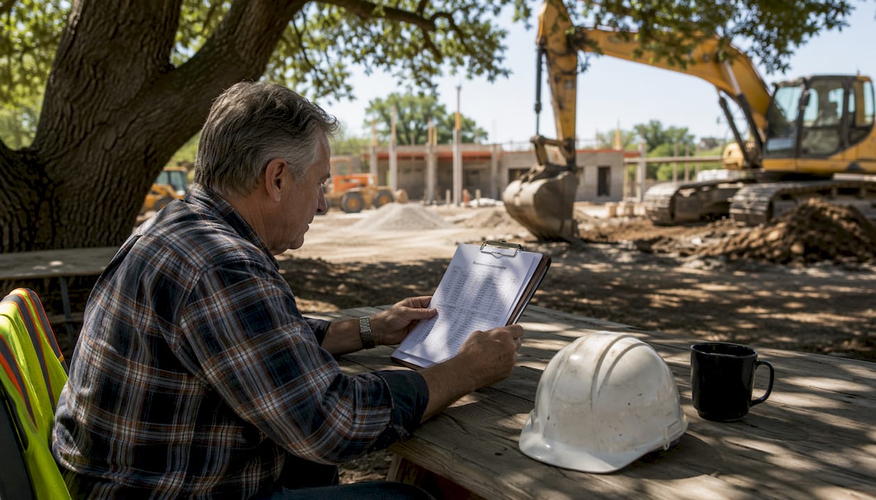 Hands pointing to safety metrics at construction site