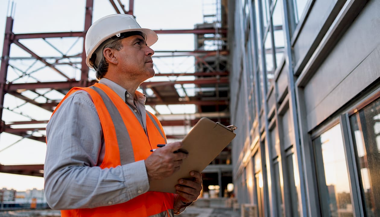 Structural engineer inspecting building façade onsite