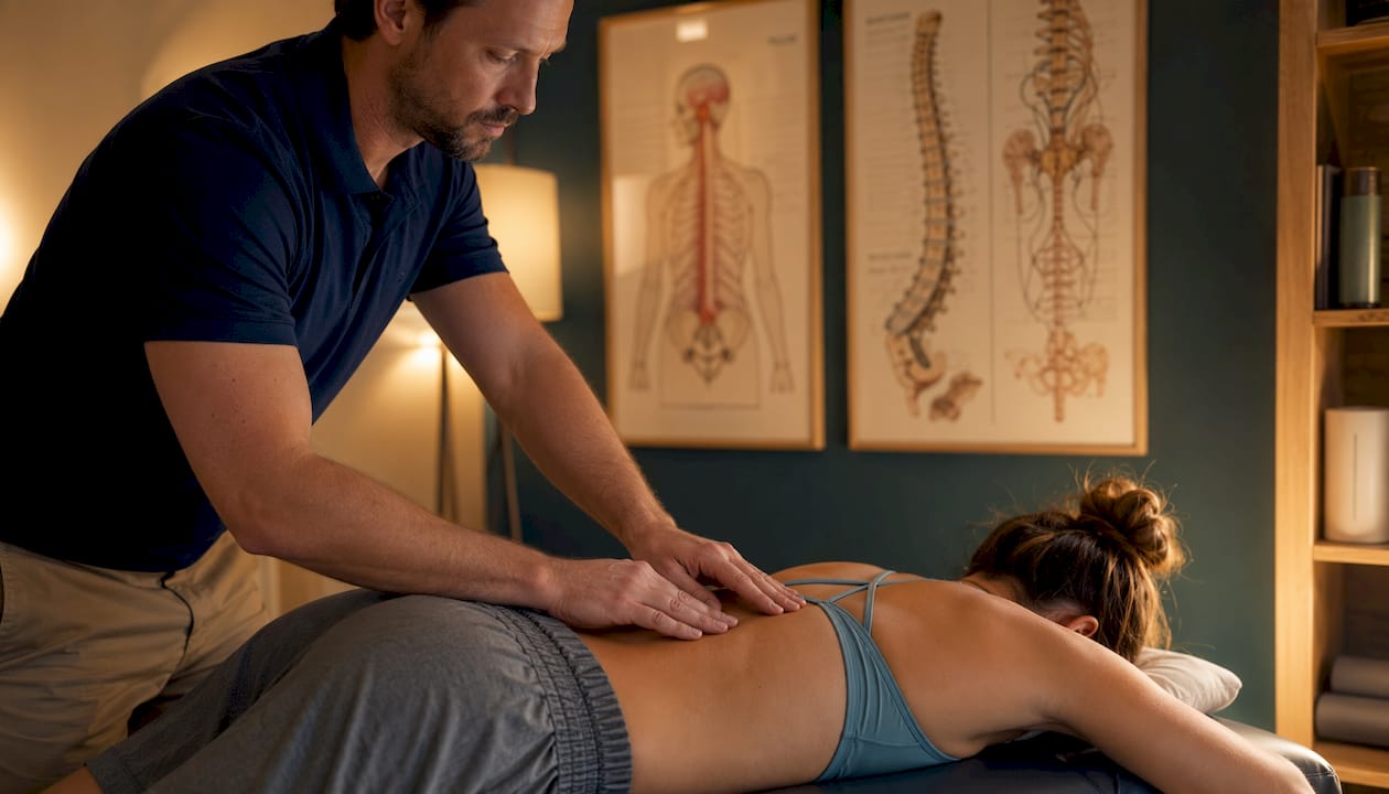 Physiotherapist hand touching athlete's back muscles