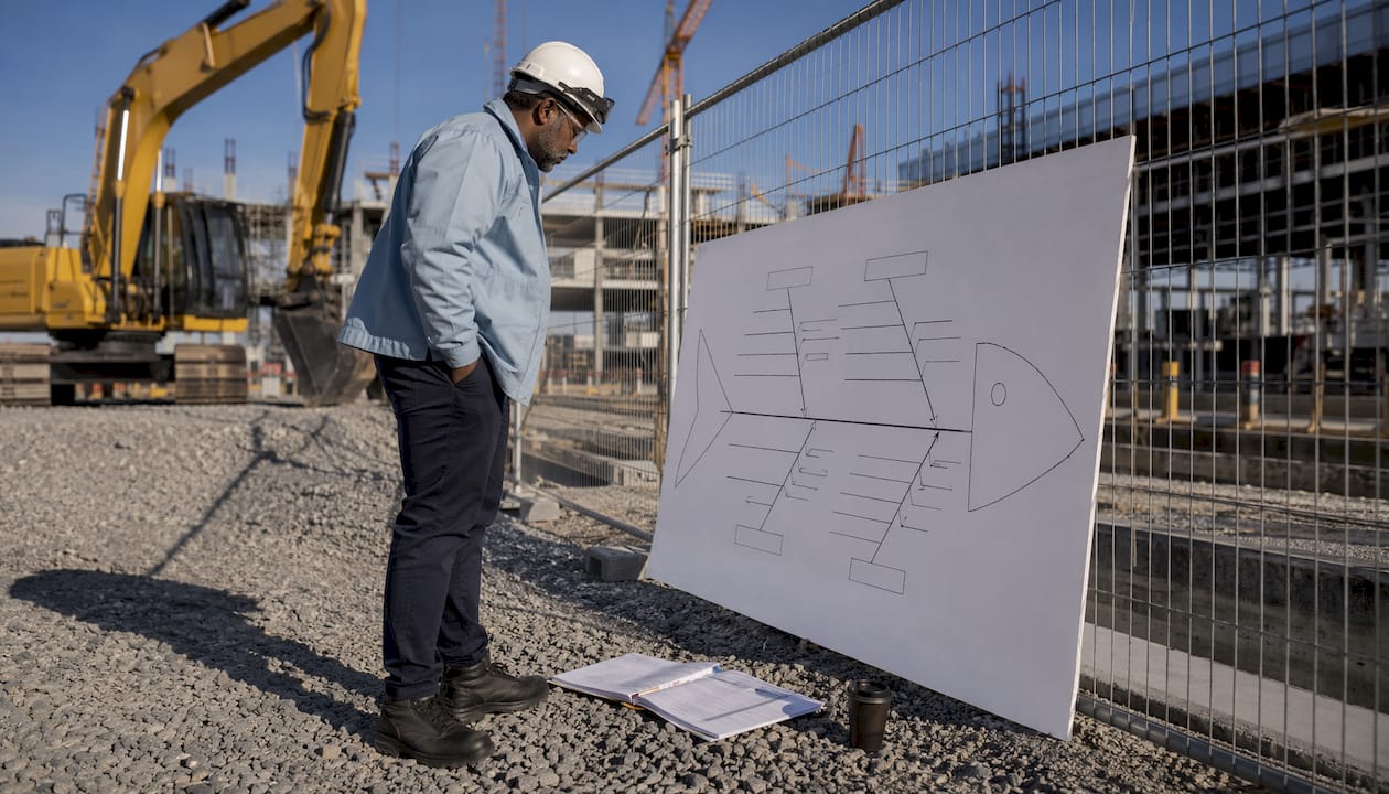 Site manager reviewing root cause analysis diagram