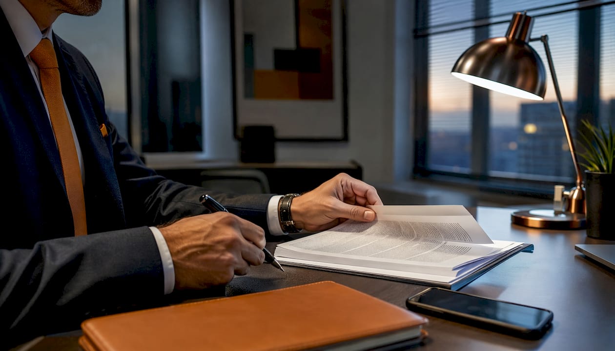 Lawyer reviewing engineering contract papers