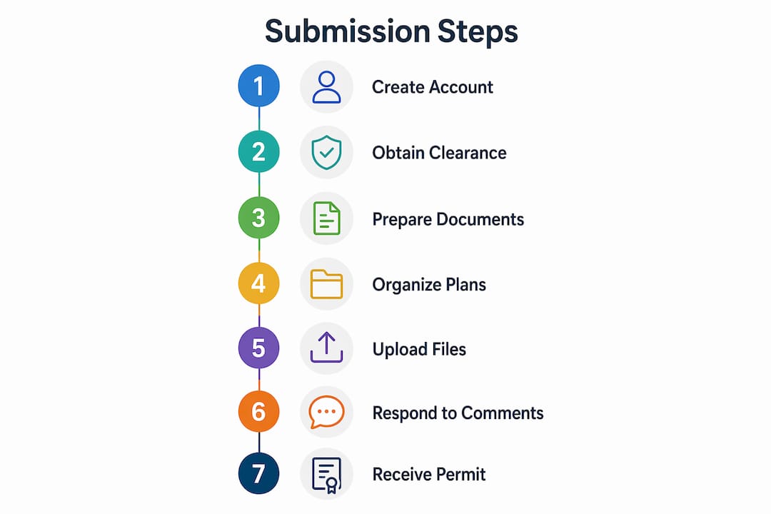 How to Submit Building Plans: Developer's Checklist Infographic illustrating seven-step process for submitting building plans