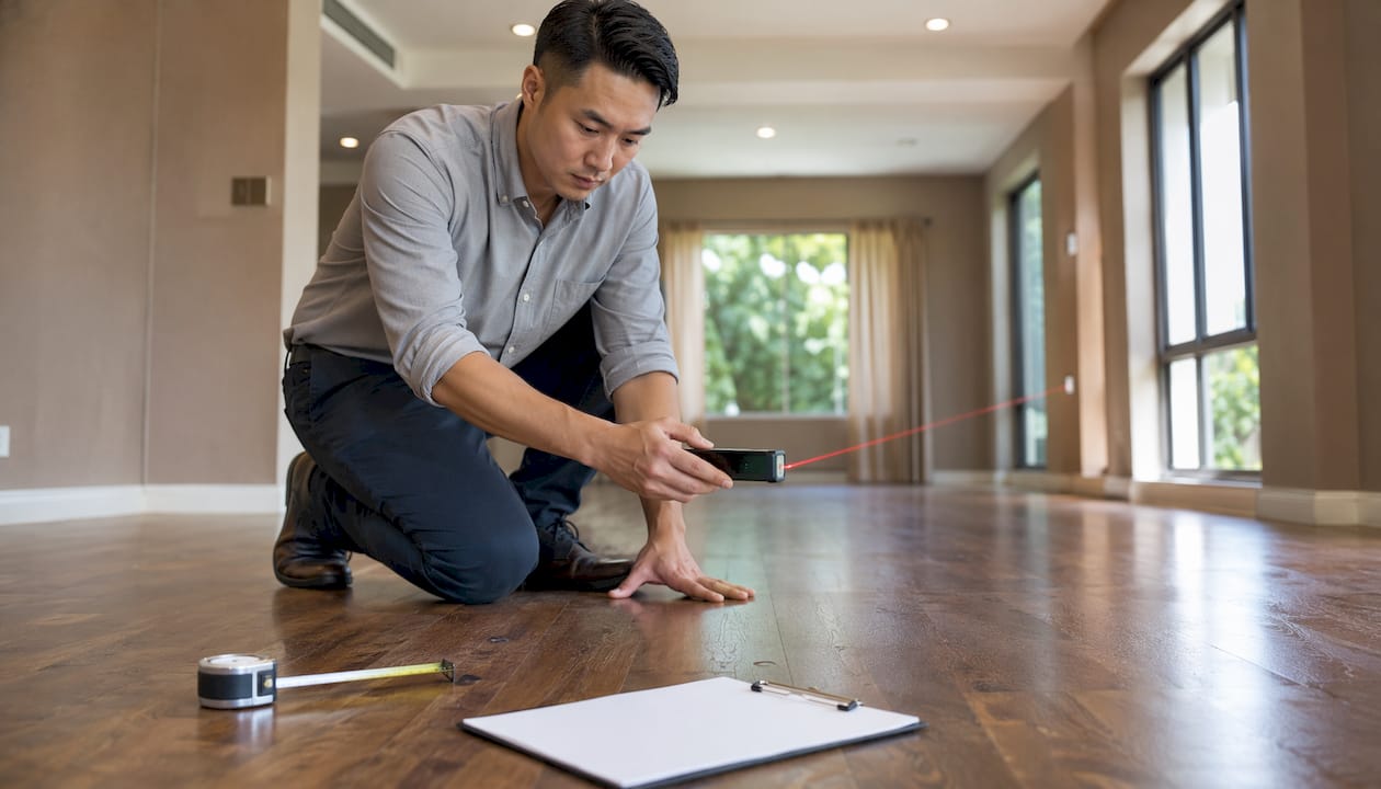 Appraiser measuring office square footage interior