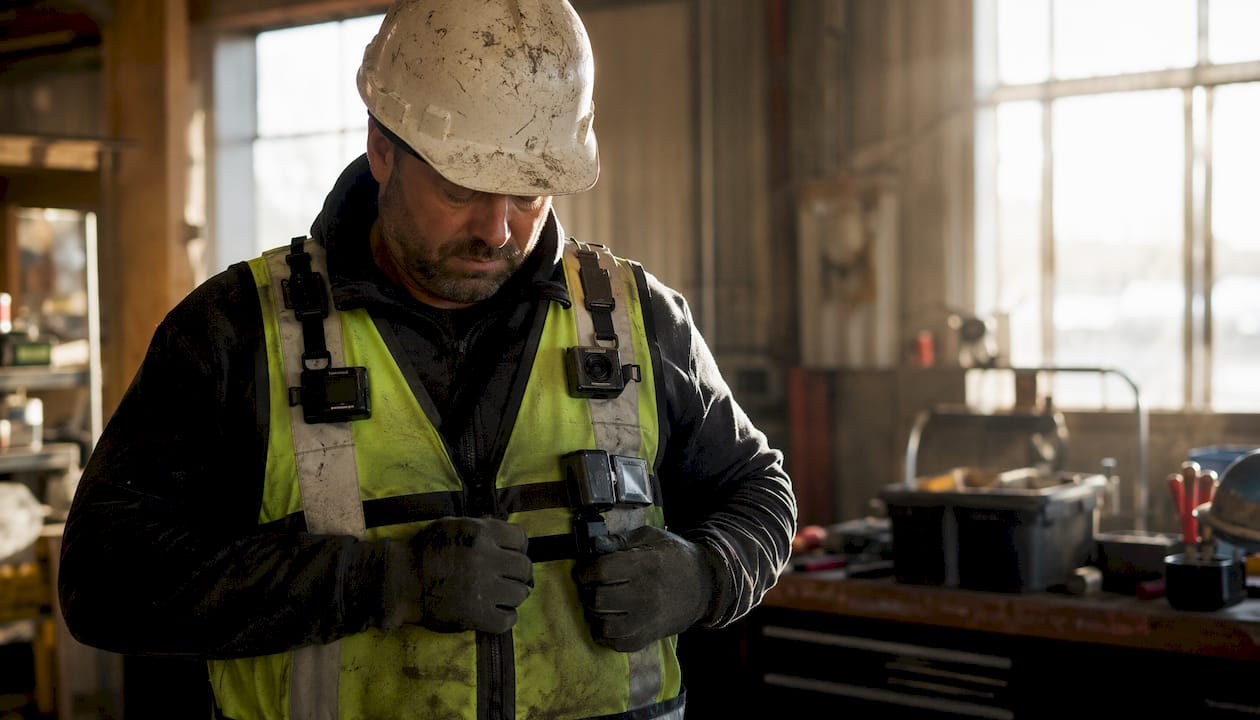 Close-up of worker wearing smart safety gear