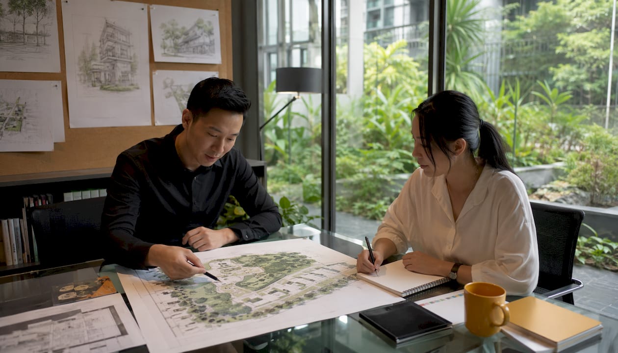 Architect and QP reviewing site plan in office