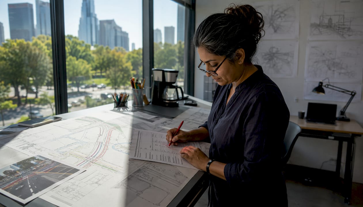 Engineer annotating traffic assessment report