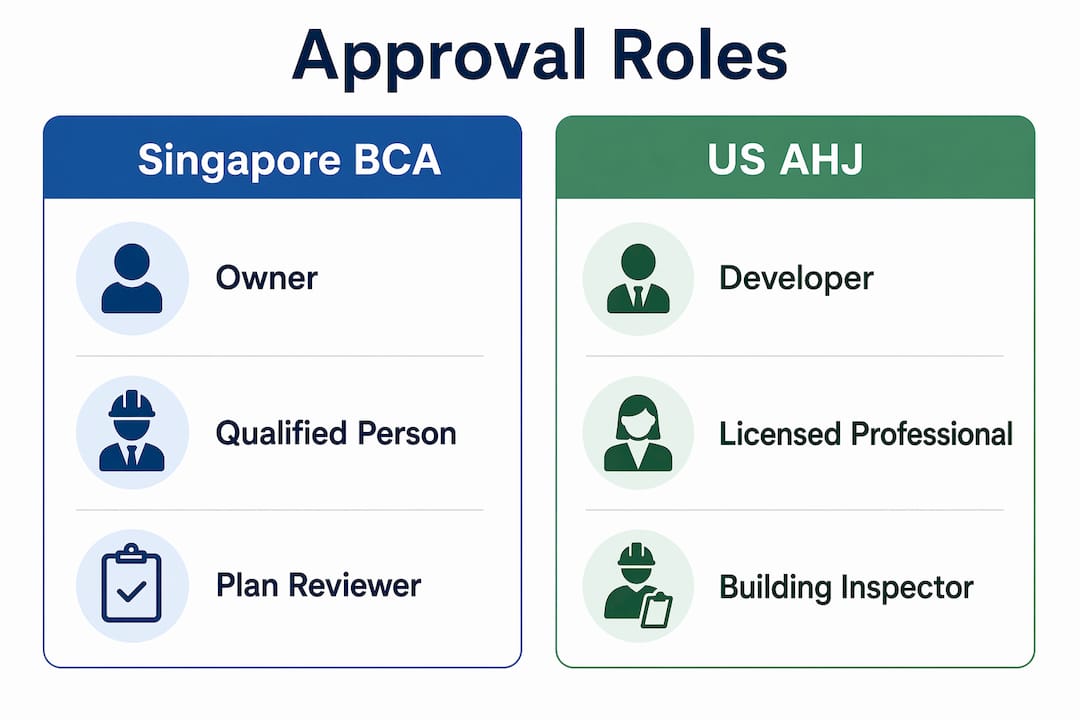 Role of BCA Approval for Project Teams: US Equivalent Infographic comparing BCA and US AHJ approval roles