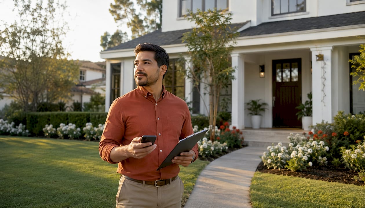 Investor inspecting single-family rental property outdoors