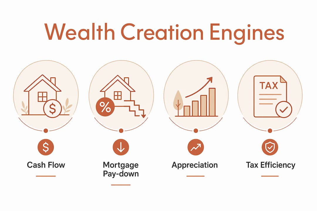 Infographic illustrating four key engines of real estate wealth creation