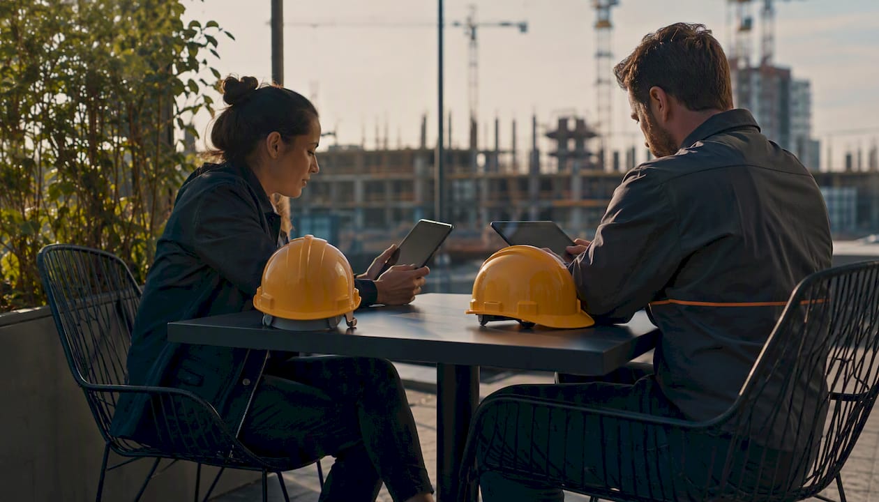 Two engineers discussing construction risk management