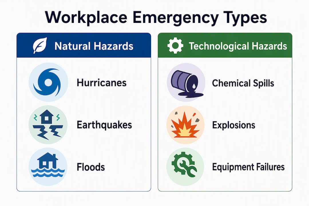 Infographic showing types of workplace emergencies and examples