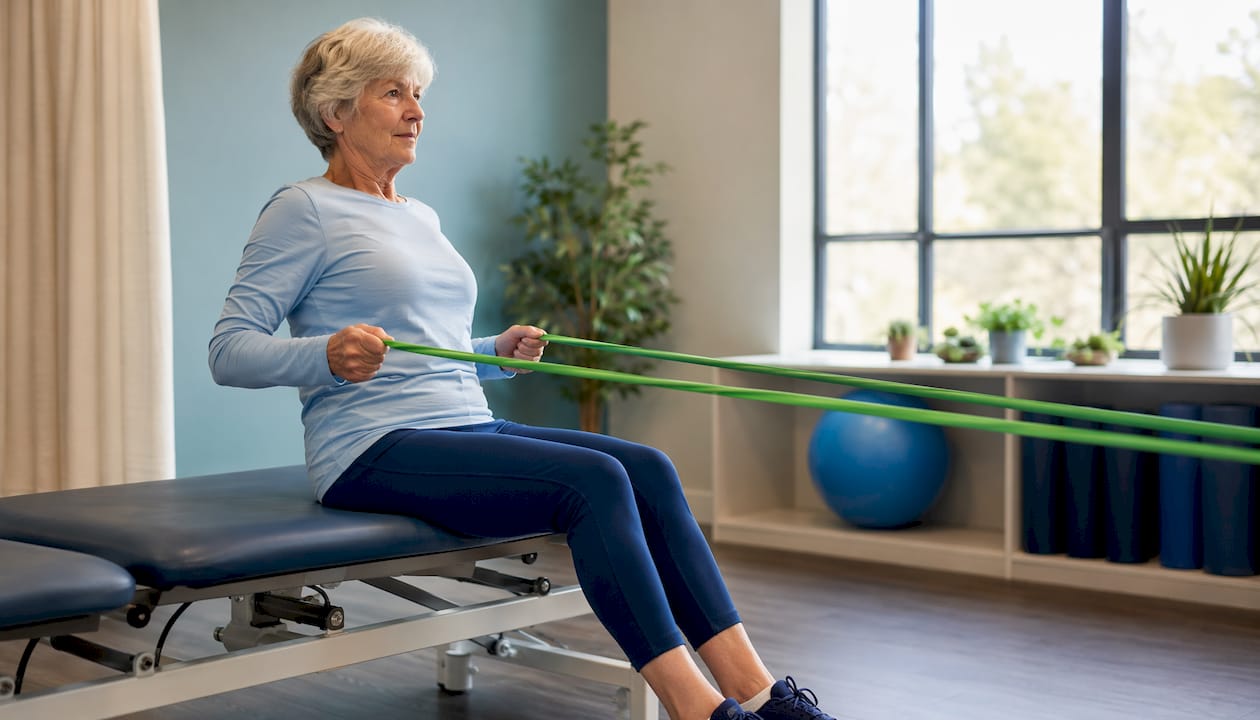 Senior woman doing resistance band exercise in therapy studio
