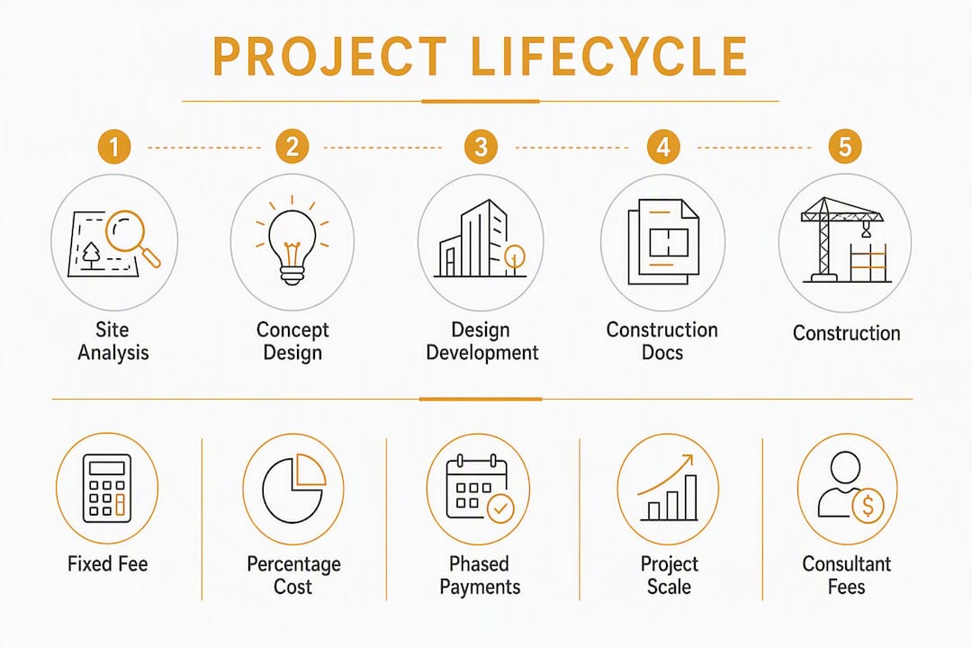 Infographic showing landscape architectural project timeline and fees