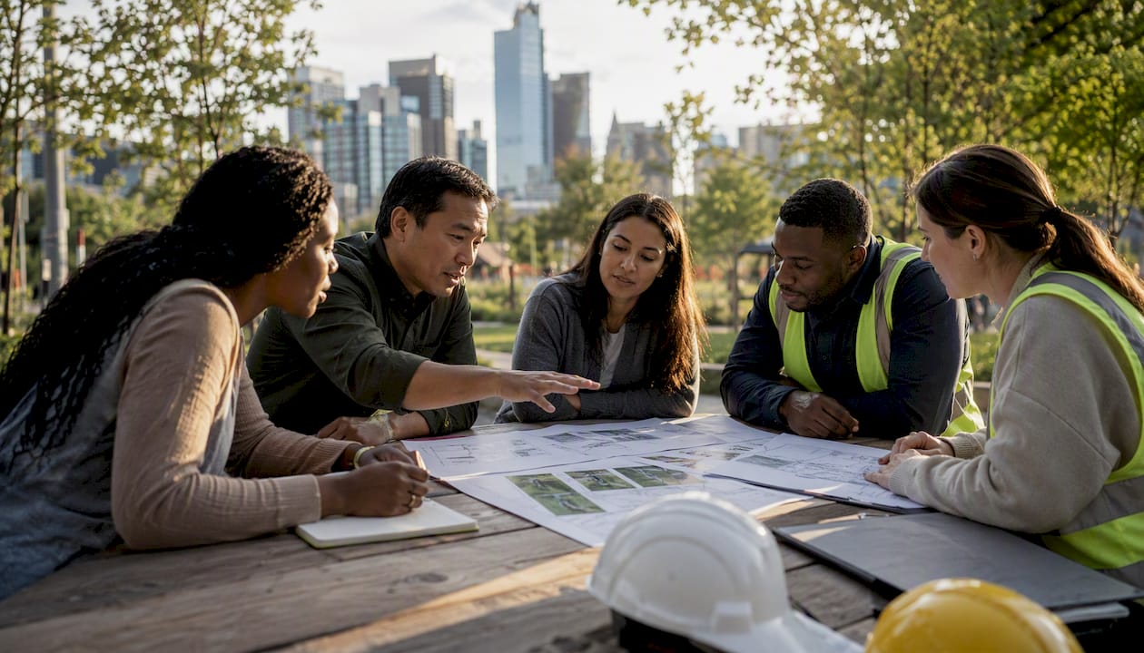 Green and Gracious Builder Examples for Project Teams Construction team collaborating outdoors on sustainability plans