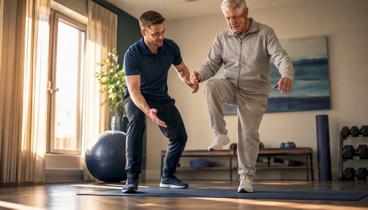 Physical therapist assisting elderly patient with exercises